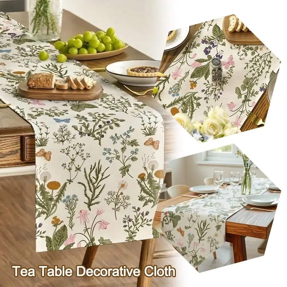 Fashion Floral Pattern Table Runner Linen Vintage Flower Table Cloth Butterfly Heat Insulation Tea Table Decorative Cloth
