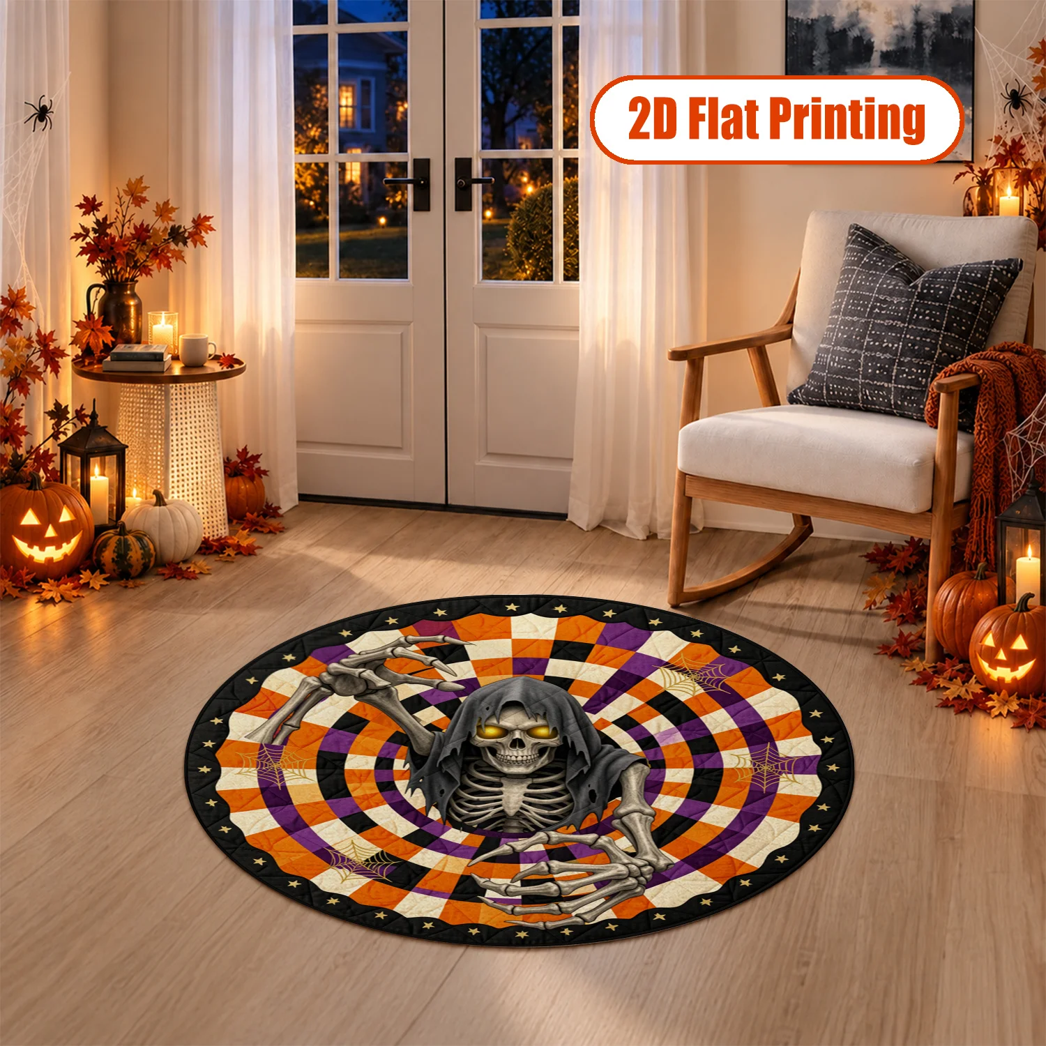 Circular Halloween Skeleton Reaper Striped Star Spiderweb Velvet Rug, Machine Washable, Suitable for Living Room, Bedroom, Entryway, Dining Room, Ideal for Halloween, Thanksgiving, Christmas, New Year, Black Friday Home Decor