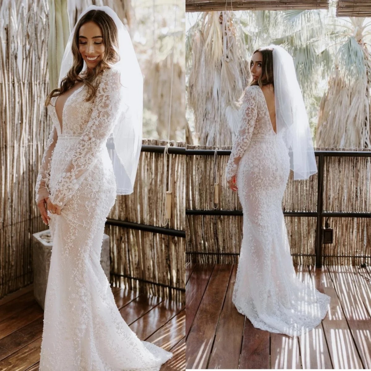 

Custom Elegant Deep V Sheer Back Lace Mermaid Wedding Dress 2026 Long Sleeve Bridal Gown Plus Size Vestido De Novia