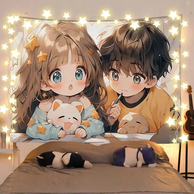 VIKAMA Couple Kitten Tapestry, Star Cure Cute Anime Background for Dormitory Room Decoration