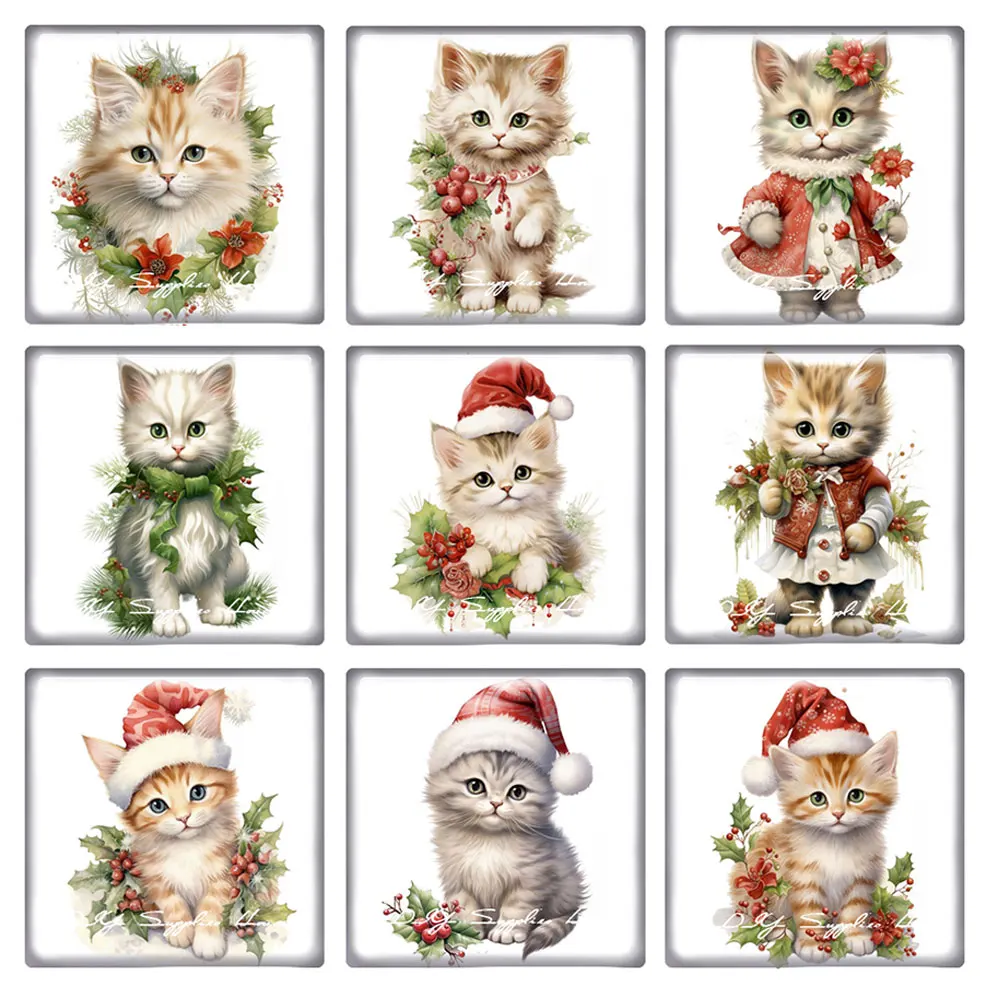 10pcs/lots Christmas X-mas Cat Kitten Winter Square Photo Glass Cabochon Charms Demo Flat Back Cameo For Diy Jewelry Making