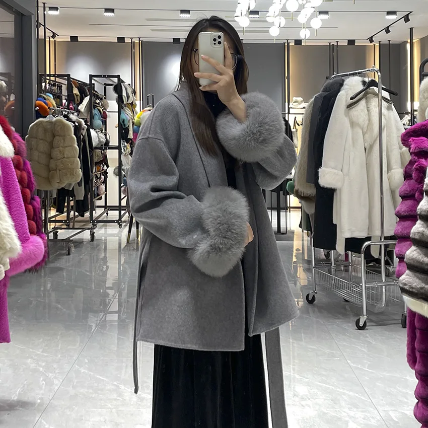 

JANEFUR 6 Colors Wool Coat with Real Fox Fur Cuff Women Fashion Belted Cashmere Coats Warm Winter Peacoat JFB4-24037