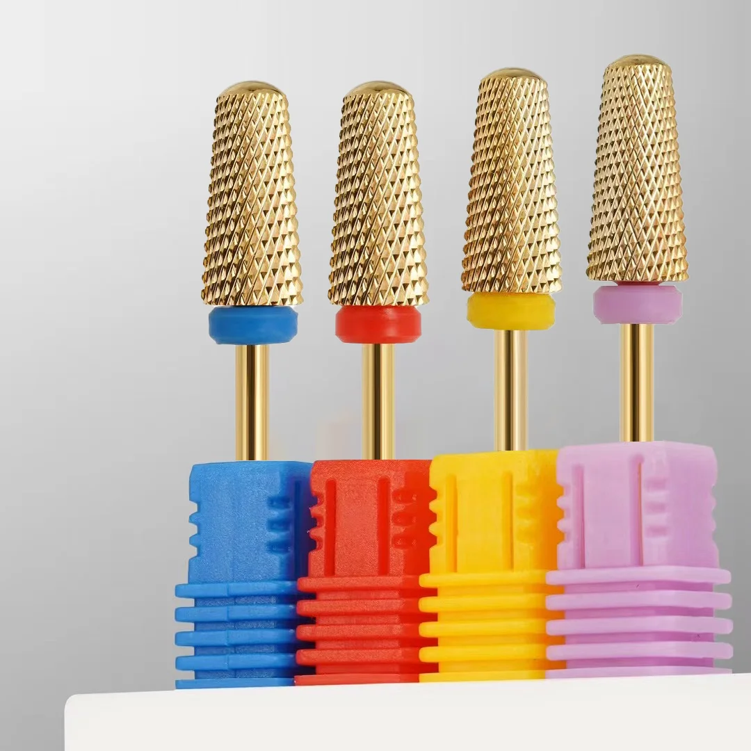 หัวเจียรเล็บกัดทังสเตนคาร์ไบด์สีทองใหม่1ชิ้นสำหรับลบยาทาเล็บเจลยูวีเจลอุปกรณ์เสริมดอกสว่านเจาะเล็บ