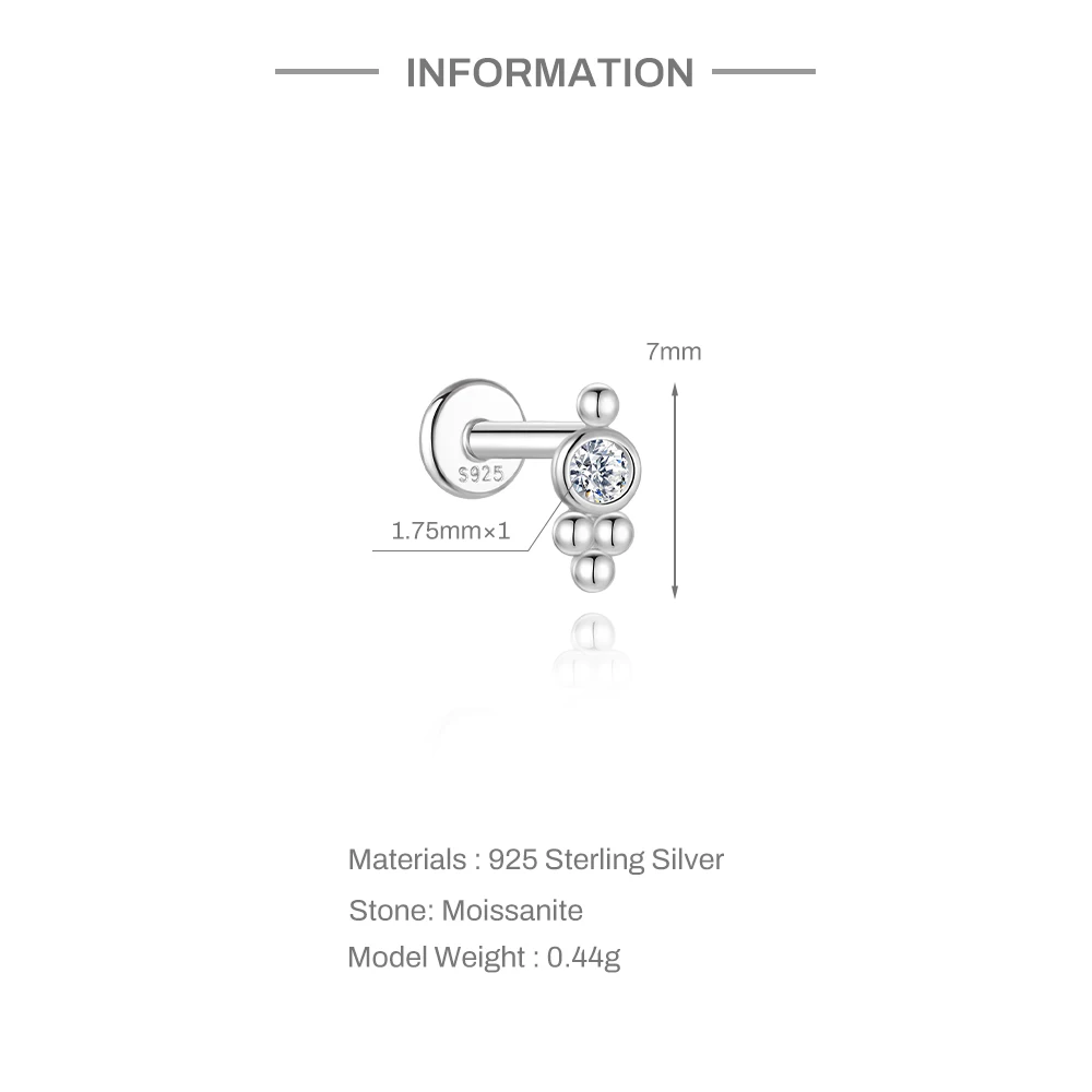 CANNER 1PC Classic Geometric Moissanite 925 Sterling Silver Flat Head Thread Ear Bone Puncture For Women Stud Earrings Jewelry view 4