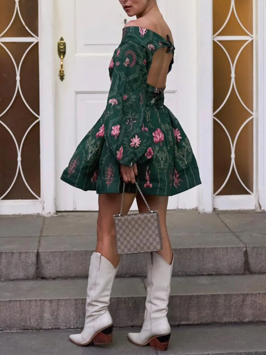 VGH Boho Printing Two Piece Sets for Women Slash Neck Lantern Sleeve Backless Top High Waist Mini Puff Skirt Suits Female New