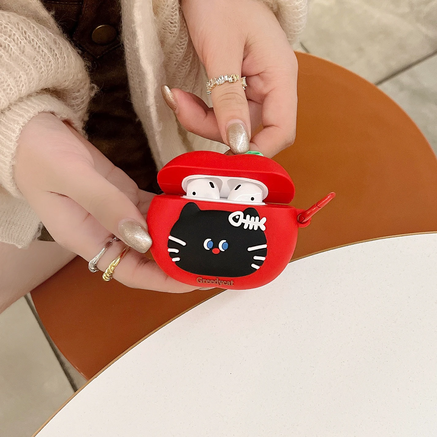 3D Cartoon Cute Red Apple Cat Silicone Earphone Case For Airpods 4 3 2 1 Protective Shell Soft Headphone Cover