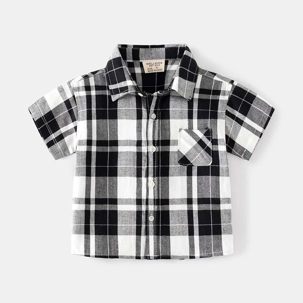 Boys Lapel Plaid Short-sleeved Shirt Summer Cool Breathable Shirt Boys Leisure Shirt