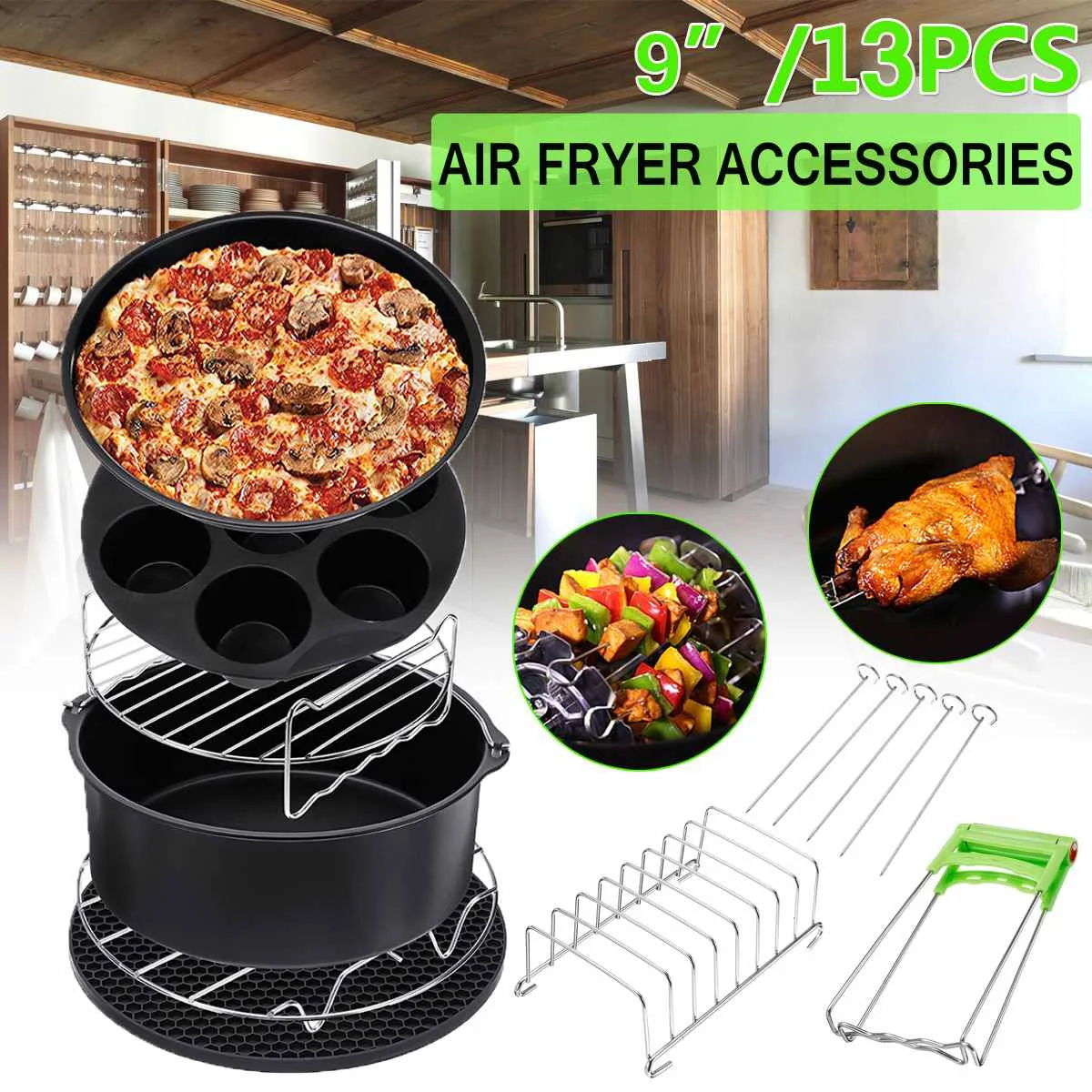 

13PCS Air Fryer Accessories 9 Inch Fit for Airfryer 5.2-6.8QT Baking Basket Pizza Plate Grill Pot Kitchen Cooking Tool for Party