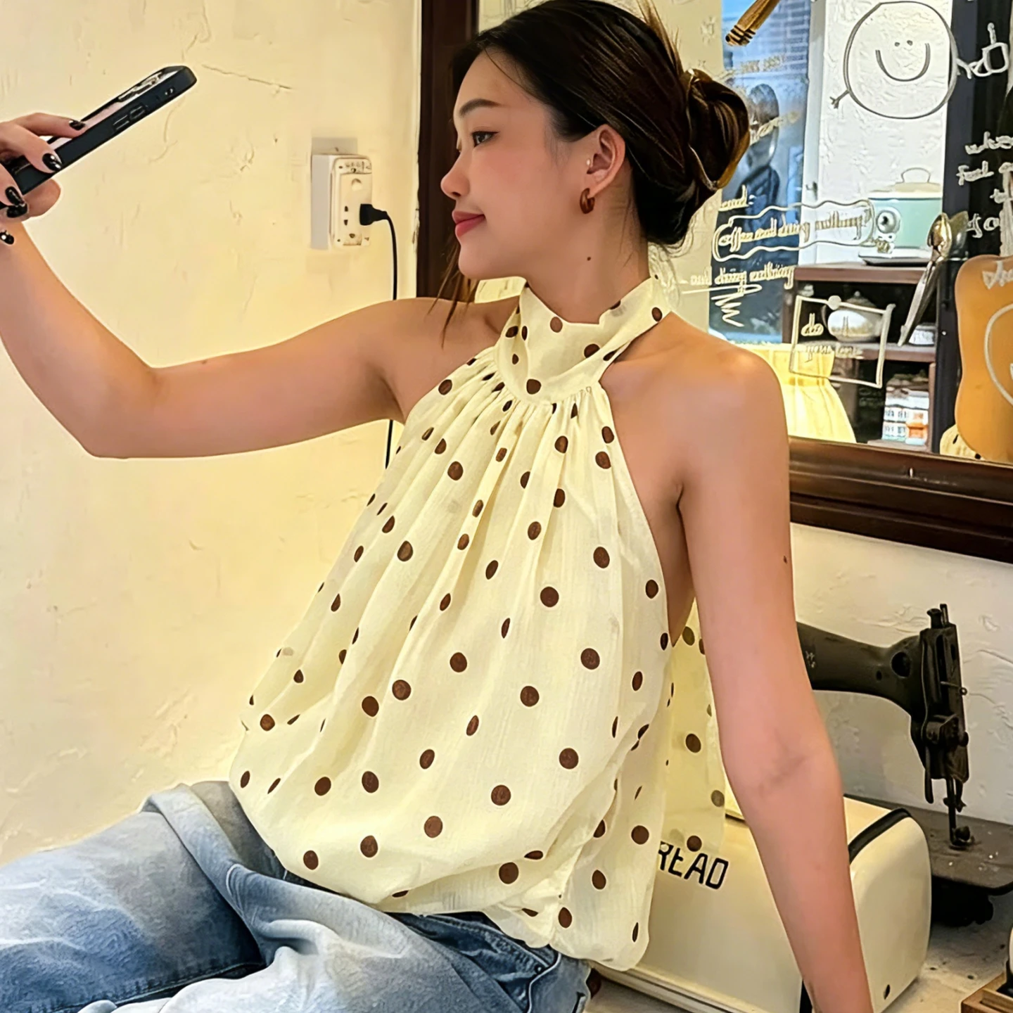 Hugcitar Chiffon-Neckholder-Top mit Polka-Dot-Print, rückenfrei, mit Schnürung, sexy, durchsichtig, Crop-Tank-Top, Damenmode, Kleidung, Strandurlaub – Detail 26