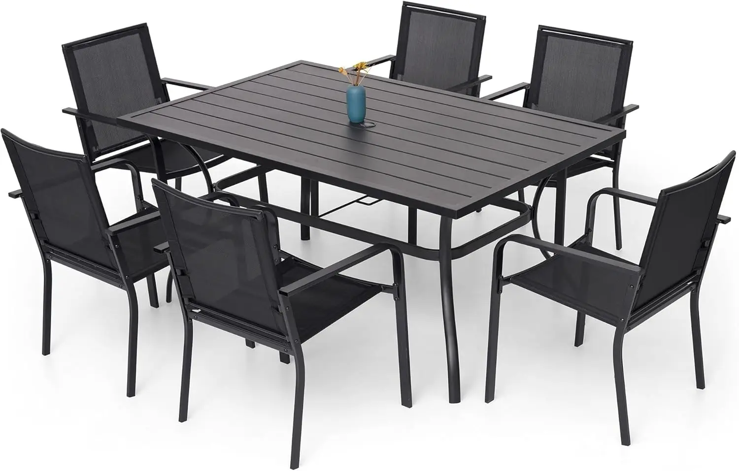 

Seven Piece Outdoor Dining Set Six Stackable Patio Portable Chairs Sixty Inch Rectangular Dining Table All Weather Frame Furnitu