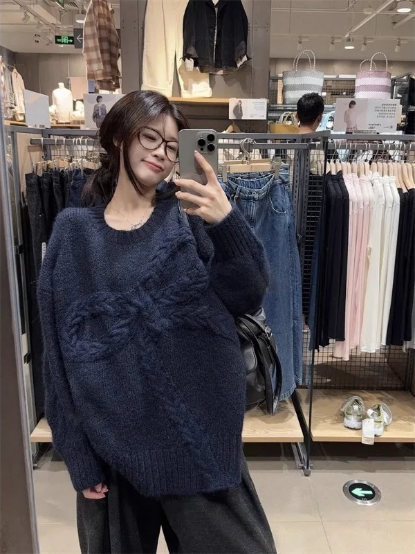 

Ретро-свитер оверсайз из трикотажа для женщин: осенне-зимний свободный вязаный джемпер с бантом и круглым вырезом