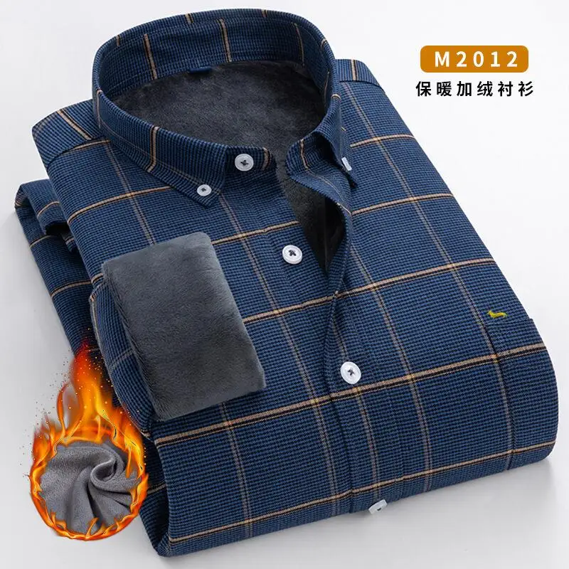 New Winter Men Casual Fashion 100%Cotton Long Sleeve Shirt Embroidery Blouse Keep Warm Striped Slim Fit Turn Down Collar Blouses