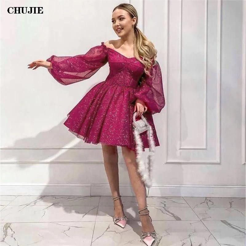 Glitter Long Sleeves Homecoming Dresses Girl\'s Cocktail Dress Tulle V Neck A Line Wedding Evening Gown Vestido de Graduación