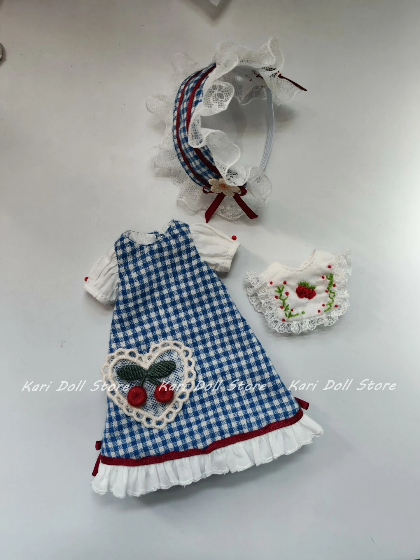 2026 Kari Doll Clothes and skirts Blue and white checkered cherry dress set for Landazz Landoudou Doll
