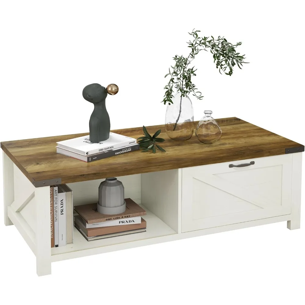 

Farmhouse Coffee Table with Storage and Drawer, Rustic Coffee Table for Living Room, Open Shelf, White