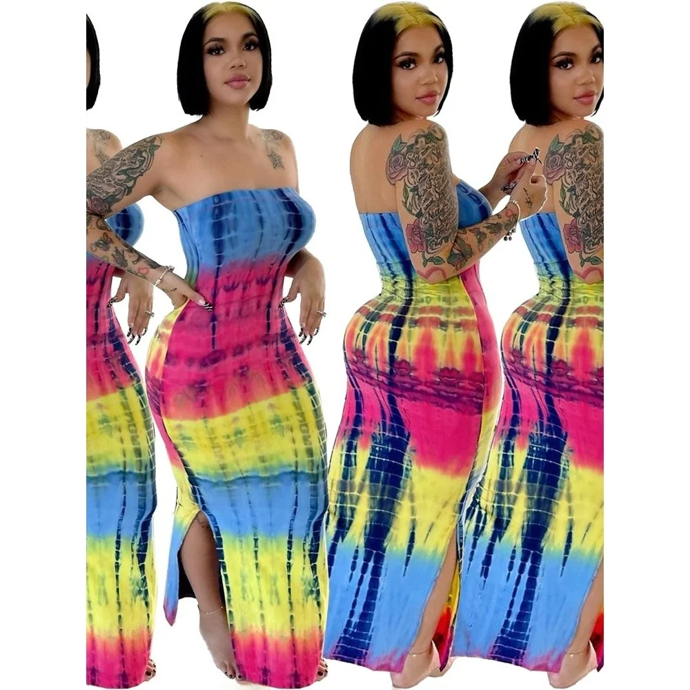 Seksowna sukienka damska z nadrukiem tie-dye, długa, jesienno-zimowa, modna, codzienna, z średnim stanem, długa spódnica bez rękawów.