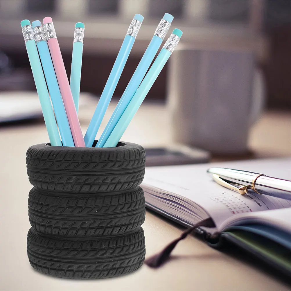 

4 Pcs Tire-shaped Pen Holder Cool Round Desktop Organizer Funny Plastic Make up Brush for Office