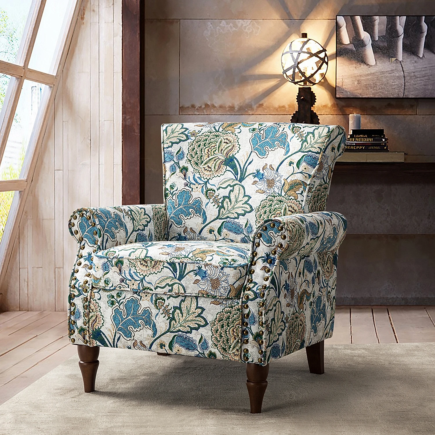 Phegia Armchair Club Chair  with Nailhead Trim and Turned Legs for Living Room Bedroom