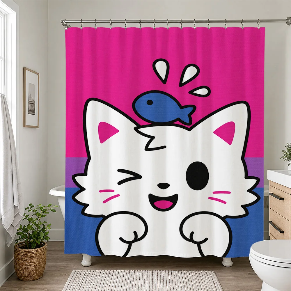 Cute Kawaii Cat Character Shower Curtain Fun Bathroom Decor Novelty Plush Design for Kids Adults