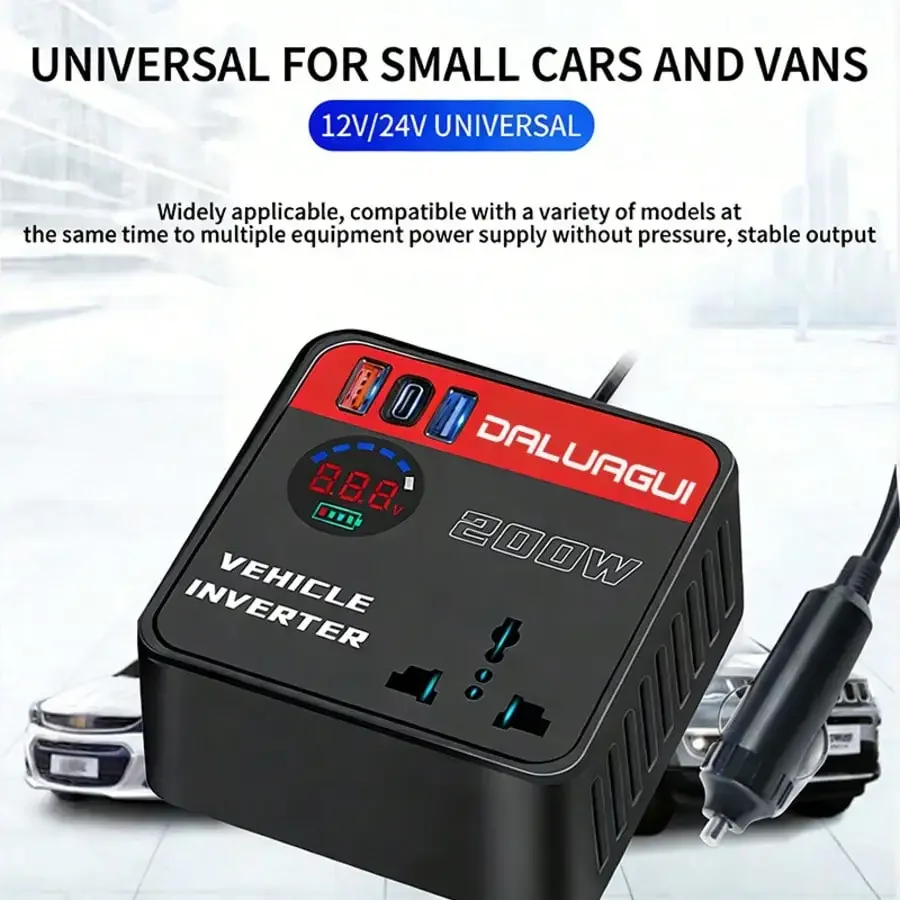 Car Power Inverter DC 12V To 110V 200W LED Digital Display 2 USB 1 Type-C 2 AC Sockets Portable Mobile Phone Tablet Notebook Charger Compatible With Car SUV Truck Travel Essential Outdoor, Car Accessories, Car Power Inverter, Power Inverter