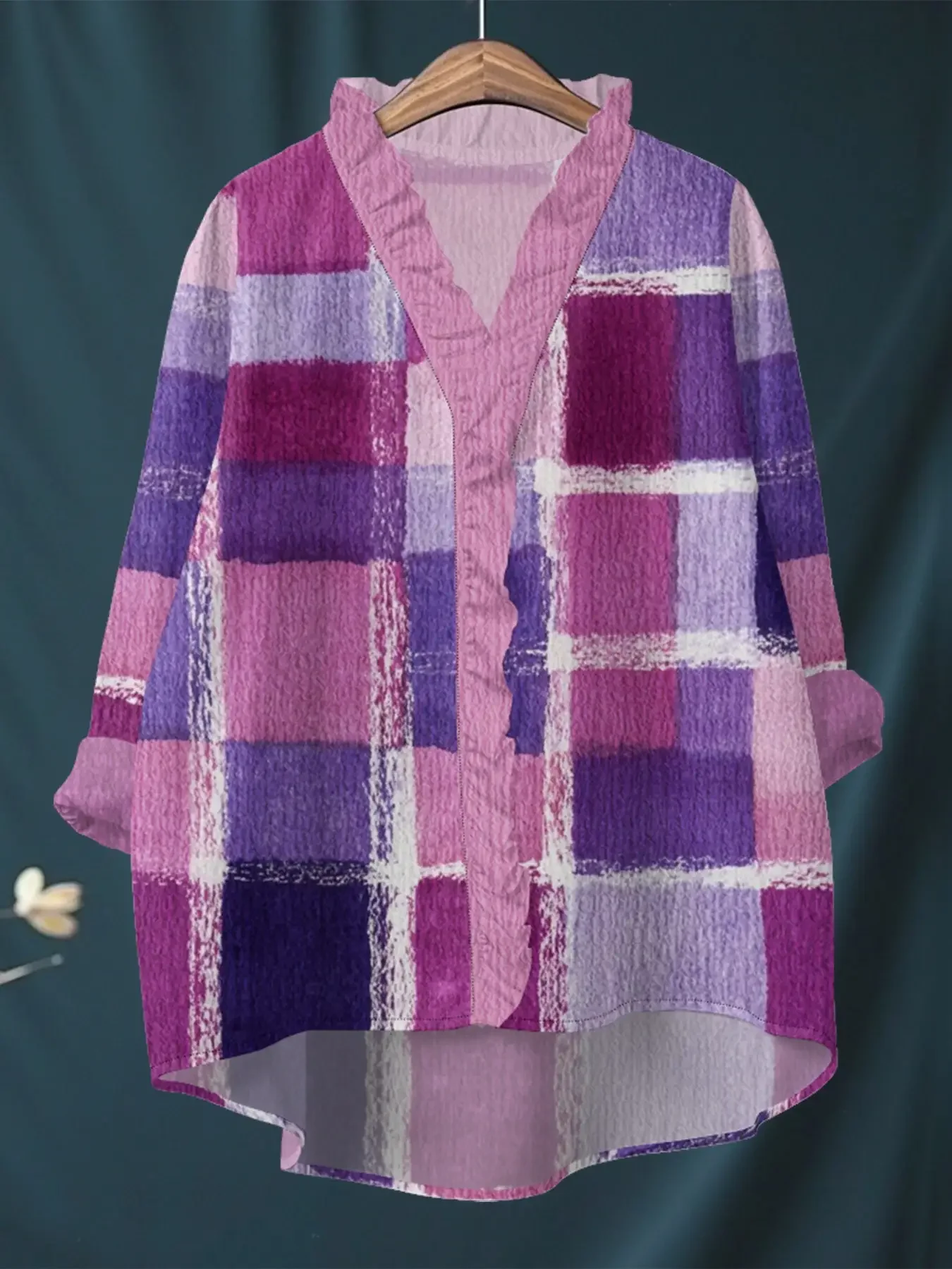 

2026 autumn new V-neck casual top, women's long sleeved lace shirt, Long sleeved ruffled collar shirt