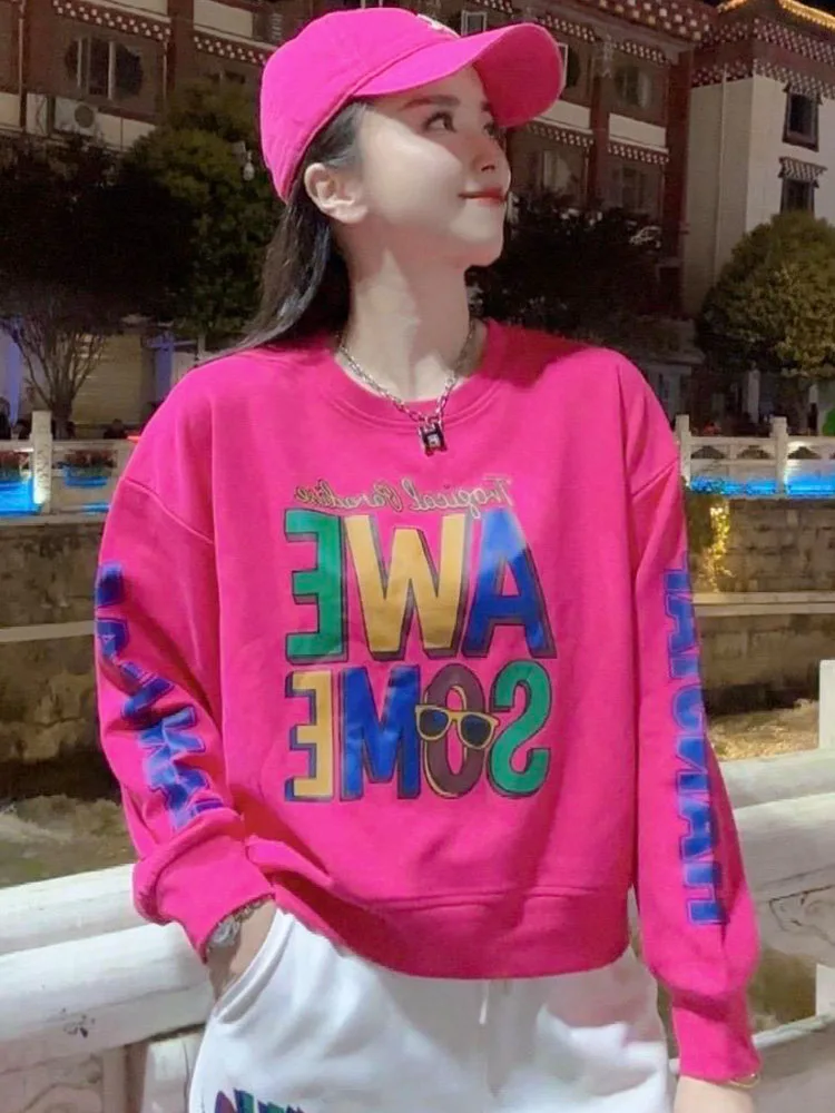 Cotton round Ne Letter Print Sweatirt Women's Spring Autumn New Design Versatile Long Sve Top Comfortable Loose Fit