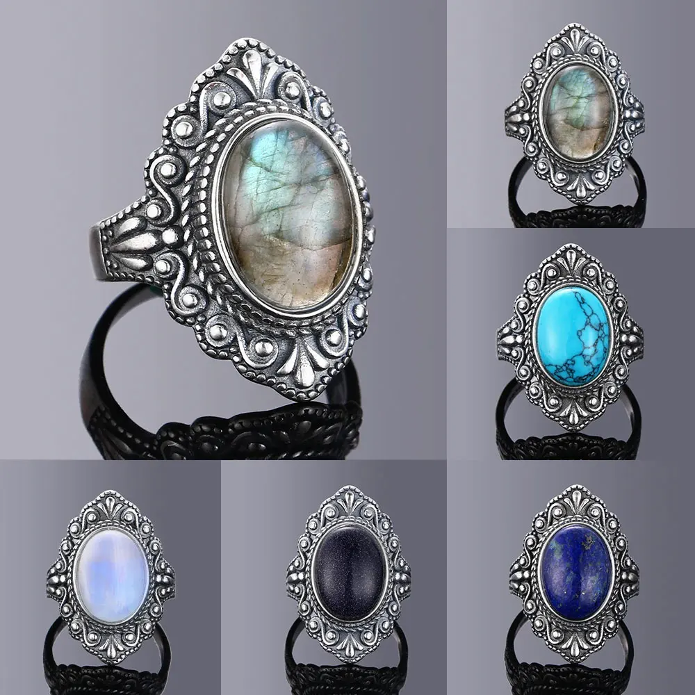 

Retro S925 Silver Ring Oval Natural Labradorite Rings for Women Finger Ring Gemstone Rings Party Gift Jewelry