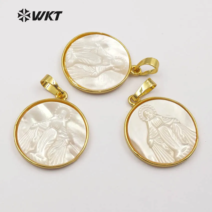 WT-JP042 New Arrival White Shell Virgin Mary Jesus Christ Pattern Round Shape Pendants Metal Electroplated For Women Jewelry 