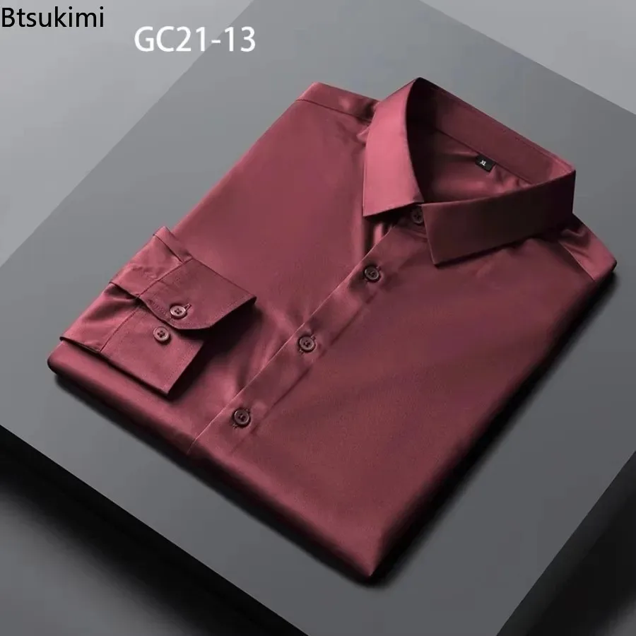 New 2026 Men's Business Dress Shirts Solid Long Sleeve Stretch Anti-Wrinkle Smooth High-grade Shirt Men Social Casual Shirt Tops
