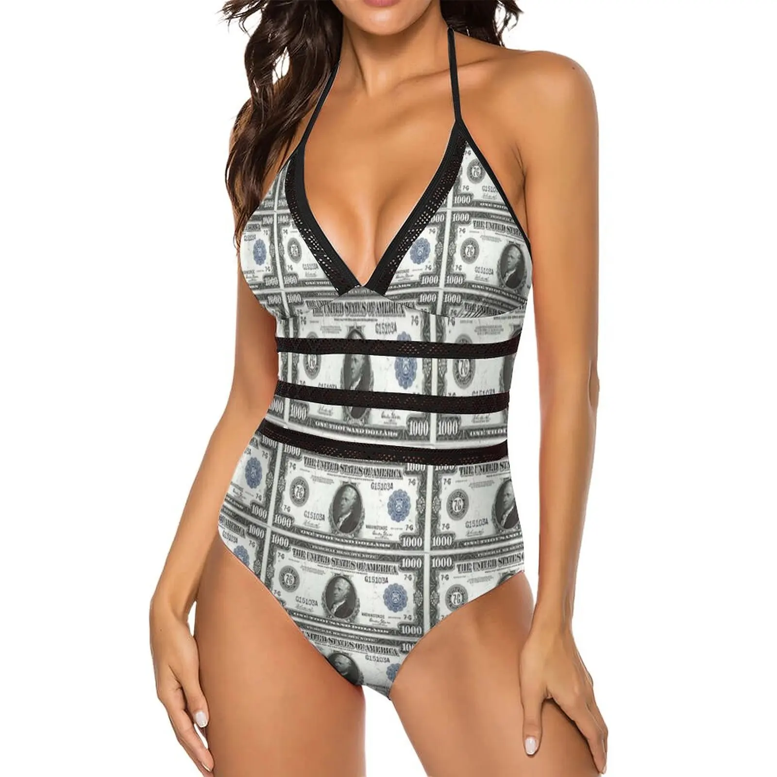 Vintage 1000 Dollar Print Swimsuit Sexy  One Piece Swimwear Female Push Up Bodysuit Fashion Hollow Out Beachwear