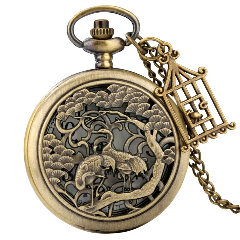 Bronzo Hollow-Out Crane Design uomo donna orologio da tasca movimento al quarzo con gabbia pendente mezzo cacciatore orologio con catena regalo