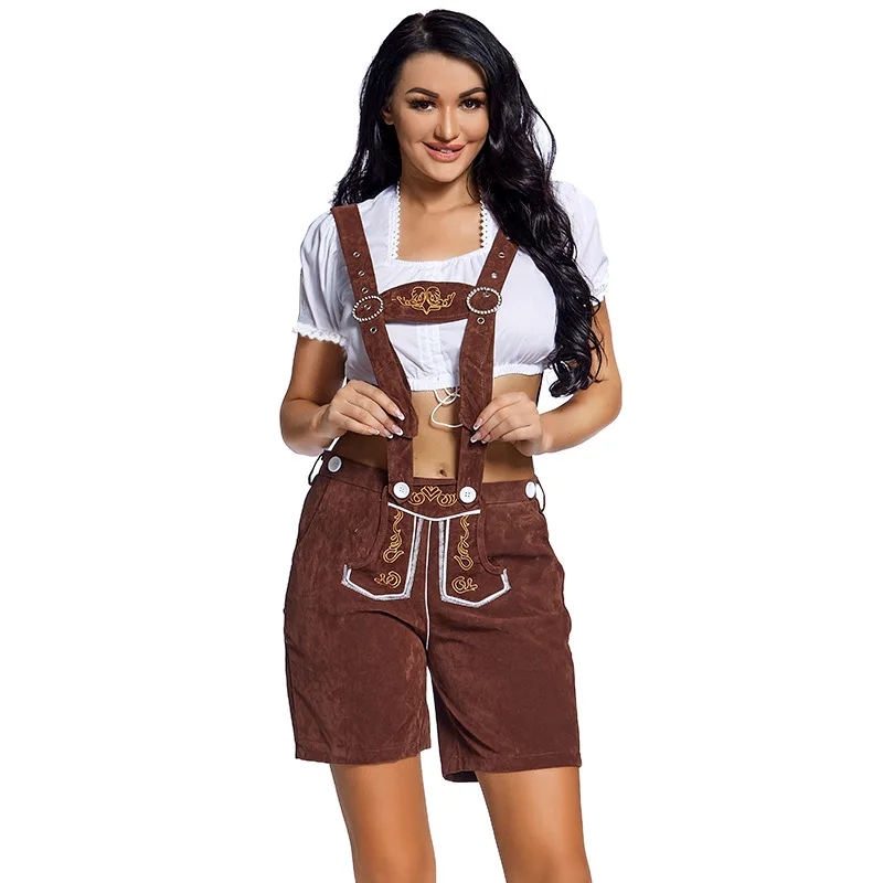 

Oktoberfest Beer Costume for Adult Women German Bavarian Shorts Outfit Overalls Shirt Hat Suspender Short Set Halloween Costume