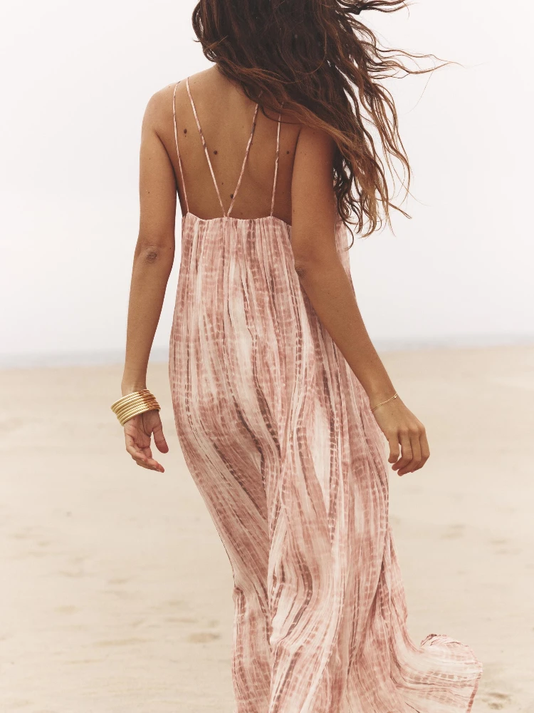 Abito lungo con scollo a V e cinturino spaghetti tie-dye con dettaglio dell'anello – Abito estivo Boho Beach