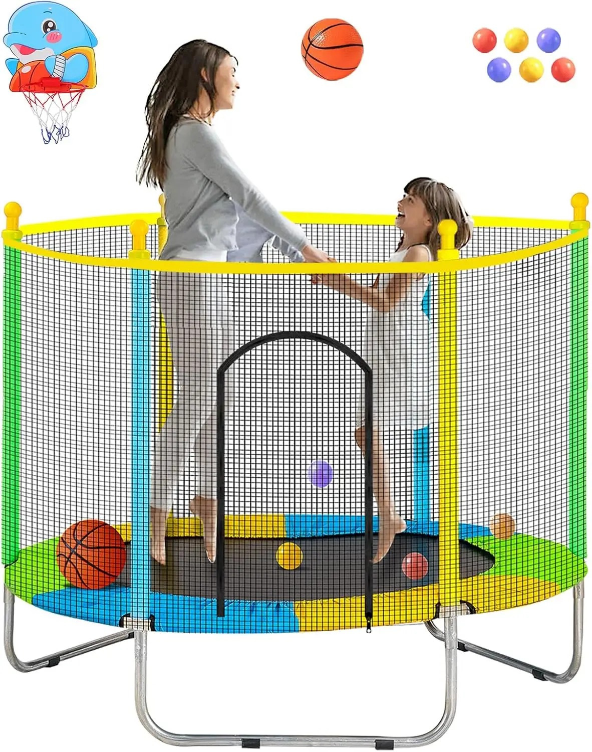 

55" Trampoline with Enclosure, Net, and Basketball Hoop for Indoor/Outdoor Use, Supports Up to 440 lbs
