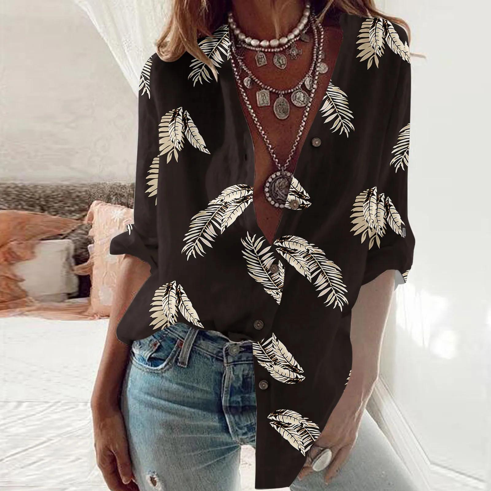 

Office Lady Elegant Tops Fashion Feather Print Turn-Down Collar Blazers Women Outerwear Casual Long Sleeve Top Women's Clothing