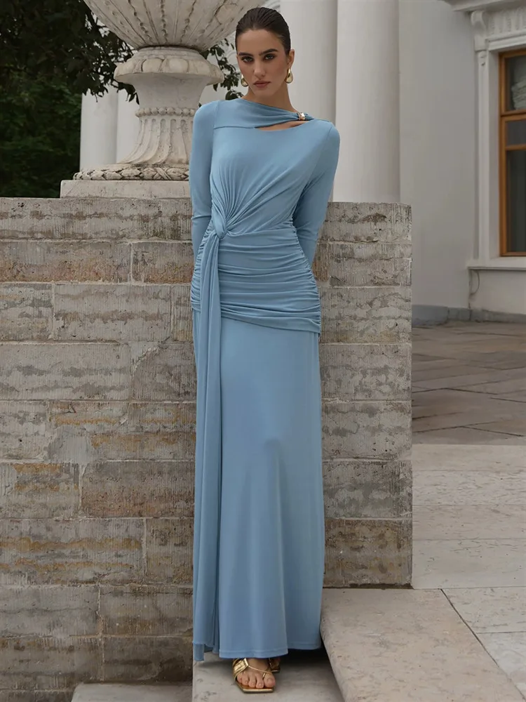 Absobe otoño nueva moda mujer elegante Maxi vestido ajustado cintura fruncida cinta Irregular manga larga vestidos largos ropa de fiesta