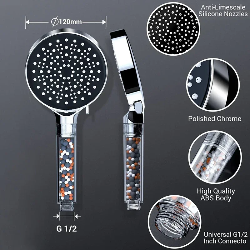 Water Saving Six Functions High Press Shower Head Handheld Powerful Flow Shower Heads with Beads Filter Pressure Boost
