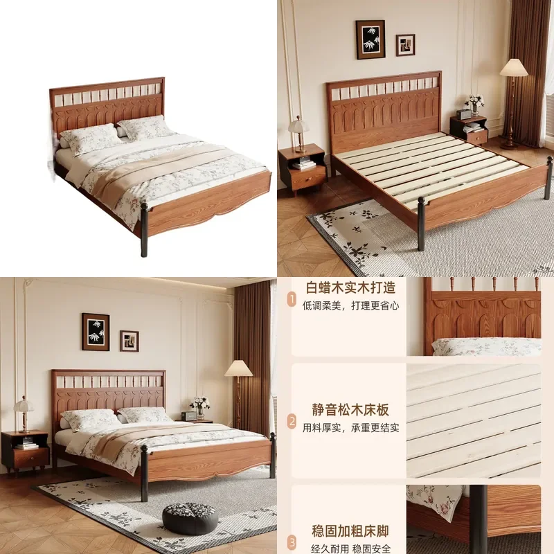 for French Retro Windsor Bed Antique 1.5m Solid Wood Bed Harp Turning Blue Bed Ash Wood 1.8m Single Double Master Bedroom