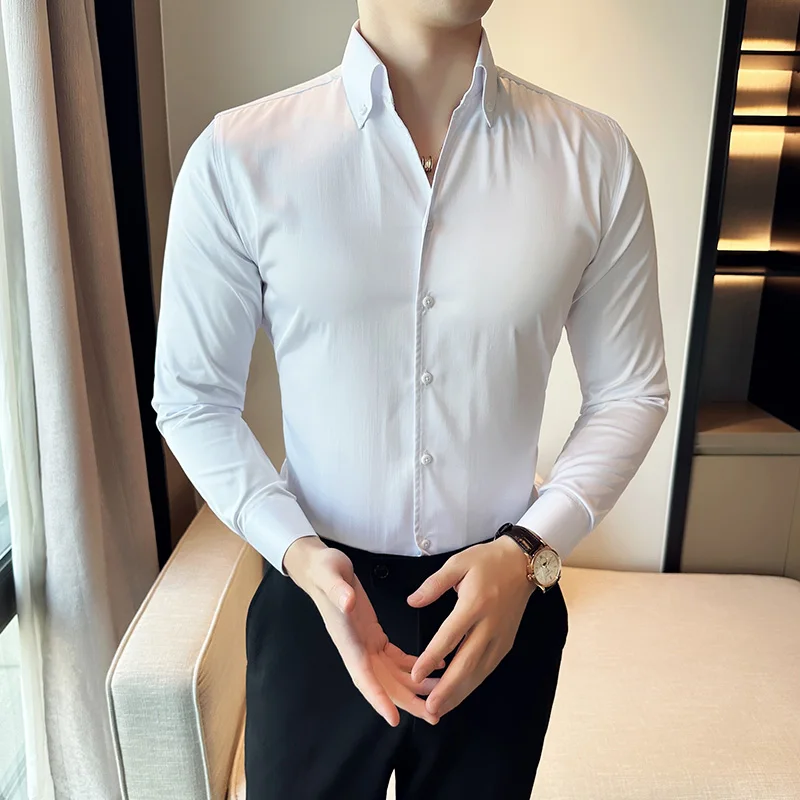 Korean Black White High Quality Solid Color Long Sleeve Shirt Men Business Slim Fit Casual Shirts Formal Office Social Party Top