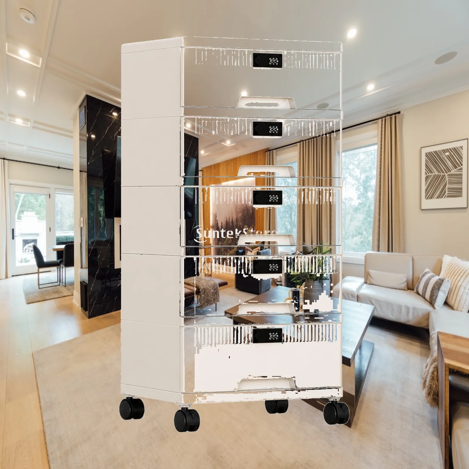 White Drawer Storage Cabinet Lockable on Wheels Multi Shelf Rolling Unit with Recessed Pull Handles for Home Office