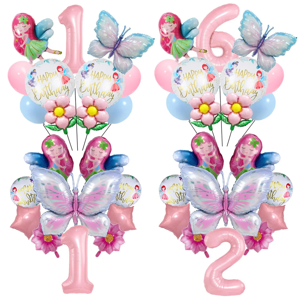 Wróżka motyla 32 cale różowy balon foliowy z cyfrą balony urodzinowe dla dziewczynki wróżki motylkowe dekoracje na baby shower