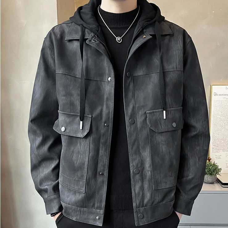 

Осенняя мужская куртка High Street с принтом и длинным рукавом, мужское пальто с капюшоном, однобортное мужское пальто из искусственной кожи из двух частей, верхняя одежда