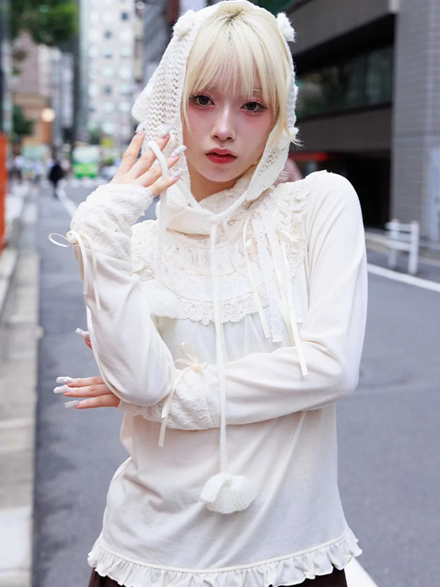 

Ele Lace Satin Ribbon Splicing Design Knitted Top Axesfemme 2025 Winter Regular Fit Long Sve