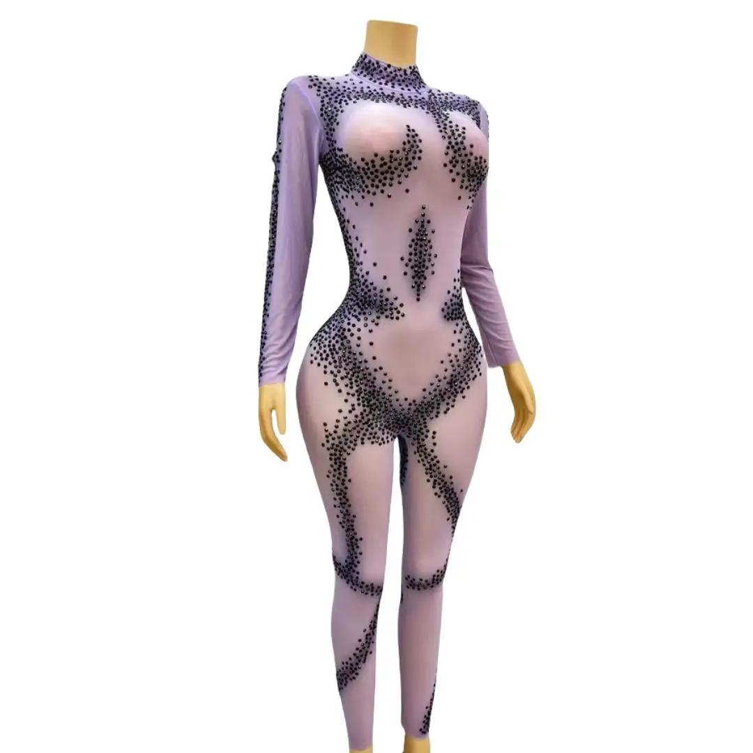 Fashion Stones Mesh See Through Jumpsuit Women Birthday Celebrate Prom Party Transparent Outfit Evening Stretch Costumes Zhima