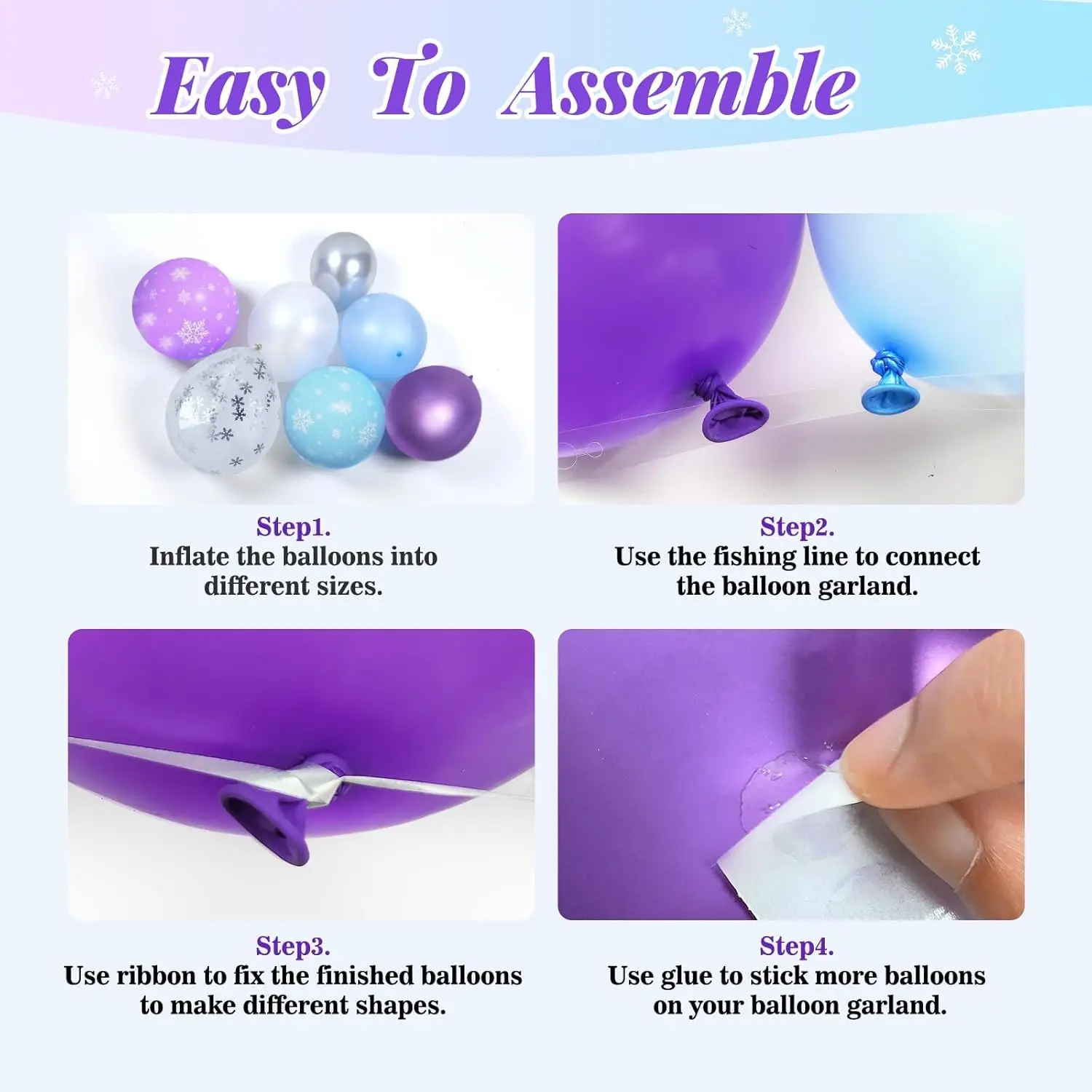Blue Purple Sliver White Frozen Snowflake Balloon Arch Garland Kit for Winter Wonderland Birthday Snow Queen Party Decorations view 3
