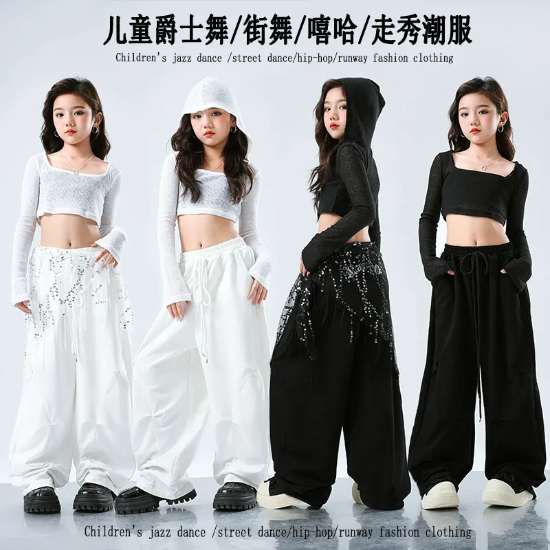 Mädchen Hip Hop Mesh Crop Hoodies Cargo Hosen Kinder Street Dance Jogger Top Kinder Streetwear Teenager Kostüme Jazz Kleidung Sets