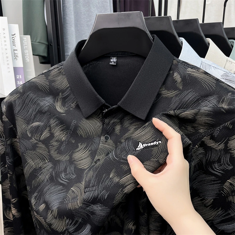 Herren-Polohemd mit abstraktem Blattmuster, langen Ärmeln, umgeschlagenem Kragen, atmungsaktivem, glattem Stoff, für den täglichen, lässigen Gebrauch. – Detail 13