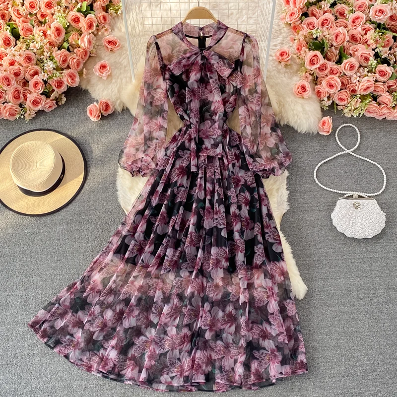 

New Casual Summer Floral Print Slim Full Lady Dress A Line O Neck Chiffon Pullover Mid-Calf Women Dresses