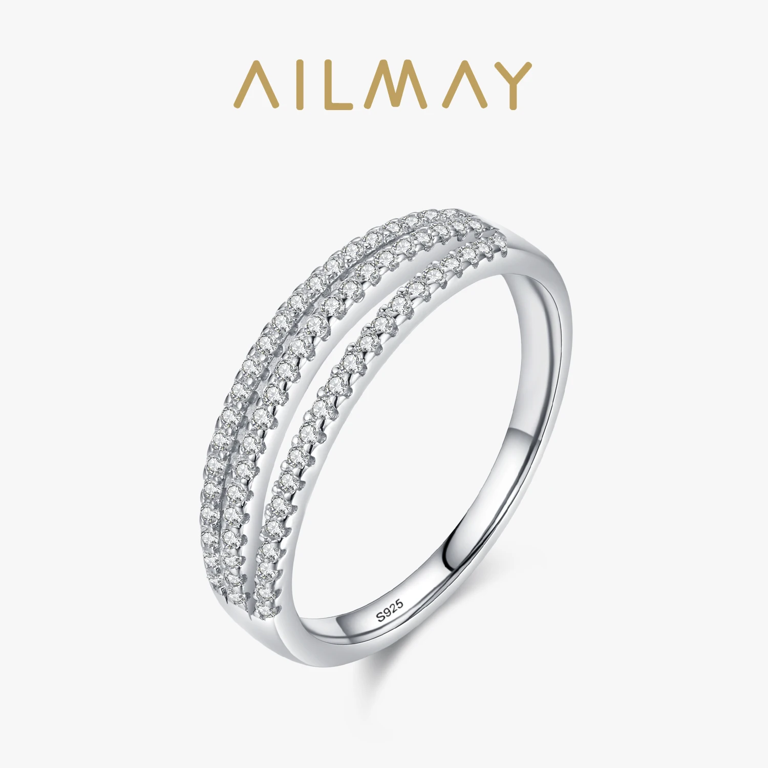 Ailmay Genuine 925 Sterling Silver Simple Line Clear Zircon Finger Ring For Women Wedding Engagement Fine Female Jewelry