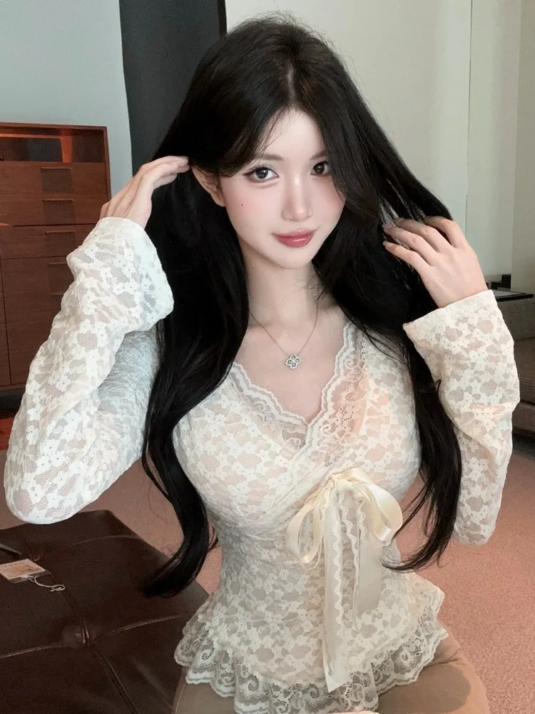 

Unique Pure Desire Lace Design Slim Fit Short Base Shirt Women's Sweet And Spicy Girl Autumn Winter Knitted Top City Walk